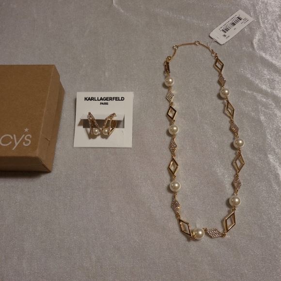 KARL LAGERFELD GOLD TONE WITH PEARLS AND CRYSTAL ACCENT EARRINGS & NECKLACE - Picture 1 of 8